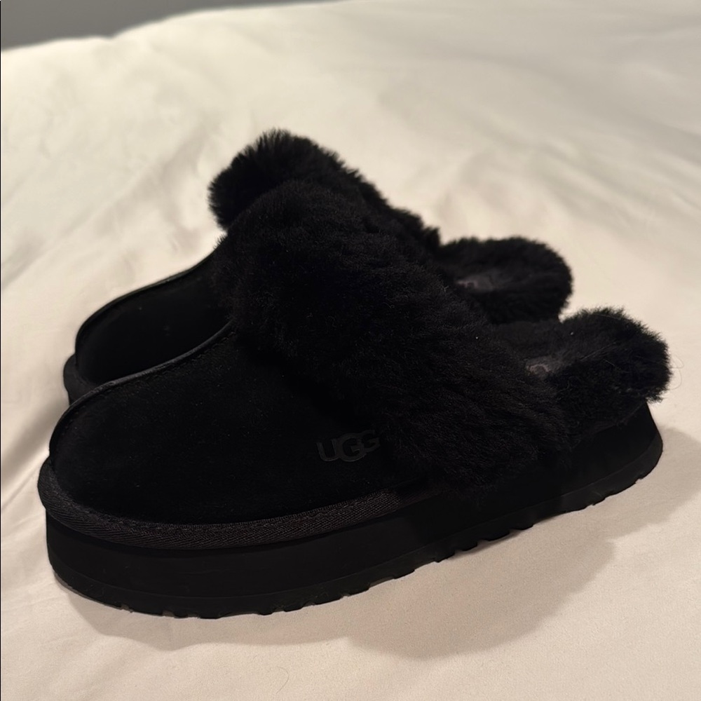 UGG Black Plush Slip-On Slippers